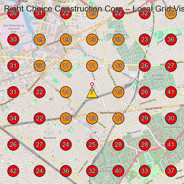 Right Choice Construction Corp GeoGrid visibility map for General Contractor in Queens